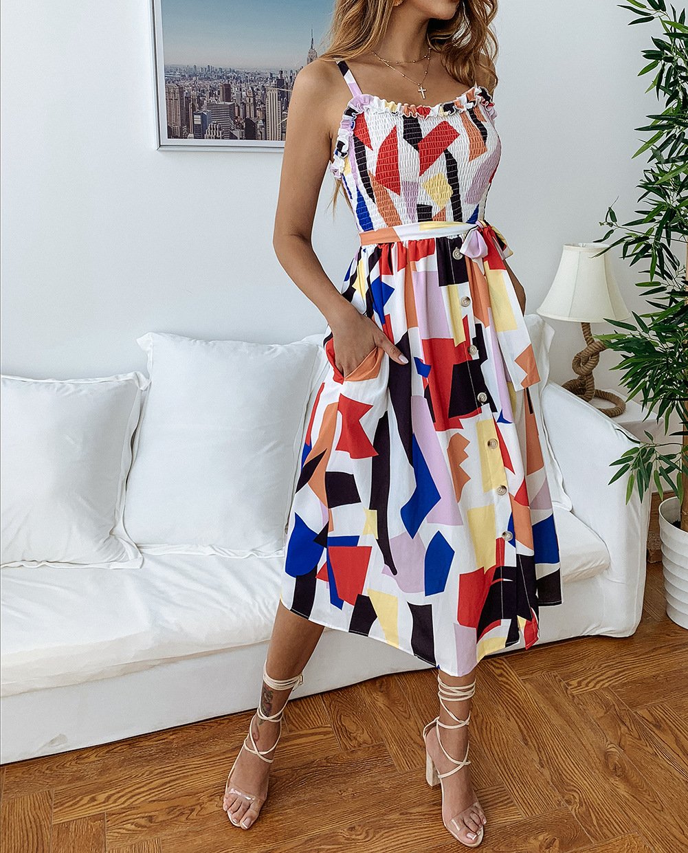 Women's Sleeveless Printed Button Dresses