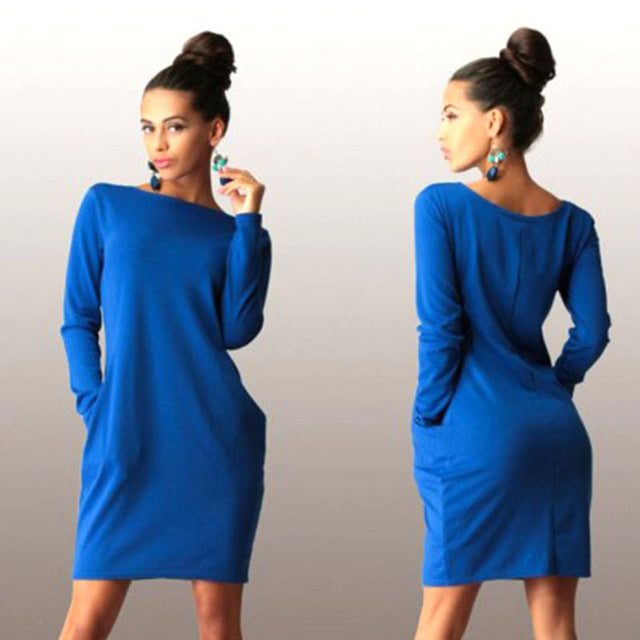 Women's Solid Pockets O-Neck Dress