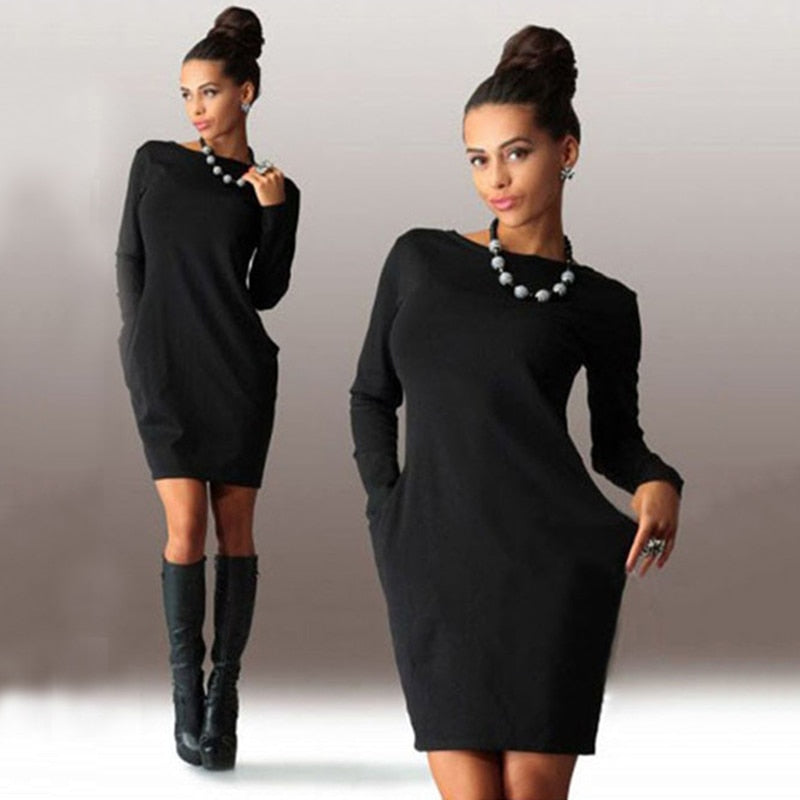 Women's Solid Pockets O-Neck Dress