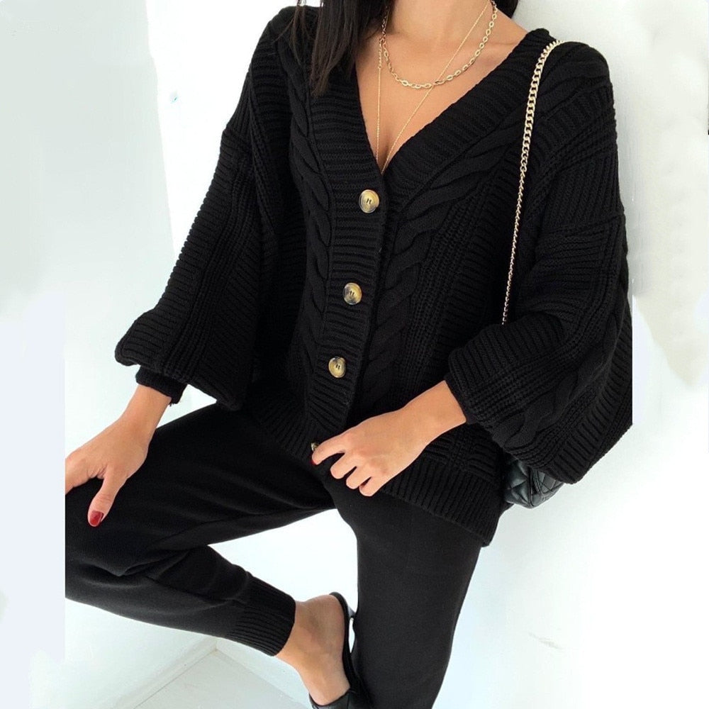 Women's 2-piece Knit  pattern v-neck cardigan & pants