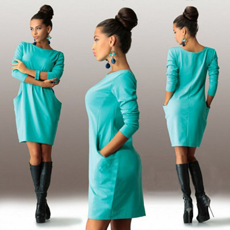 Women's Solid Pockets O-Neck Dress