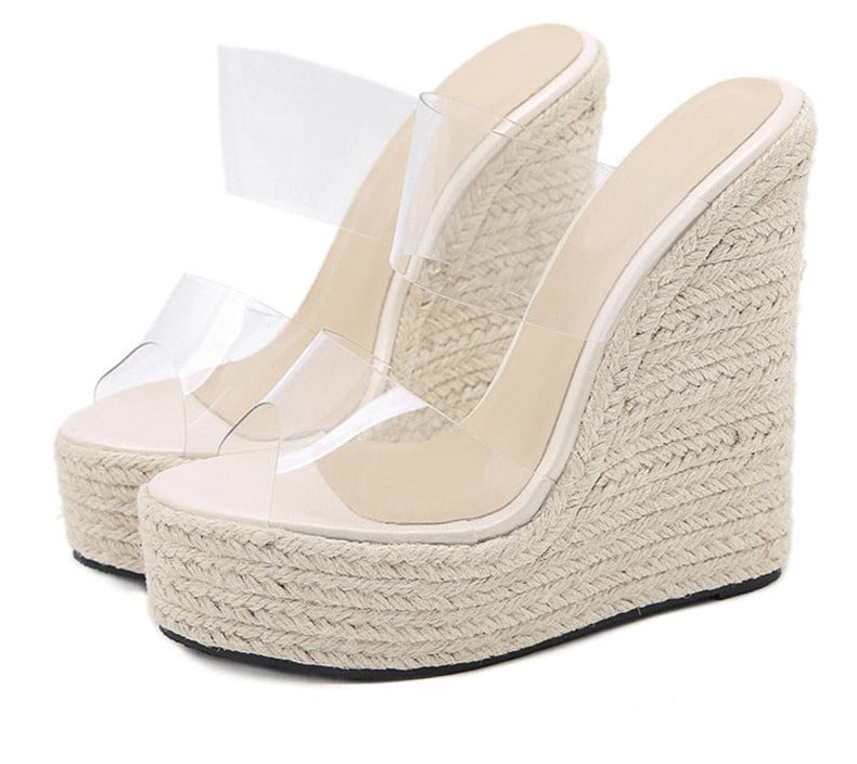 Women's Transparent Peep Toe Cane Wedges