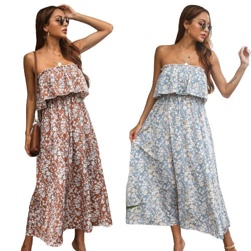 Fashion Casual Tube Top Holiday Print Dress Floral Dress