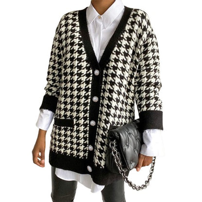 Women’s V-Neck Black Houndstooth Cardigan