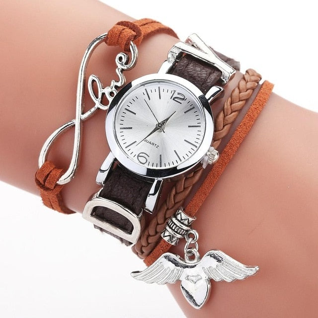 Duoya Brand Watches For Women’s Luxury Silver Heart Pendant Leather Belt Quartz Clock Ladies Wrist Watch Zegarek Damski