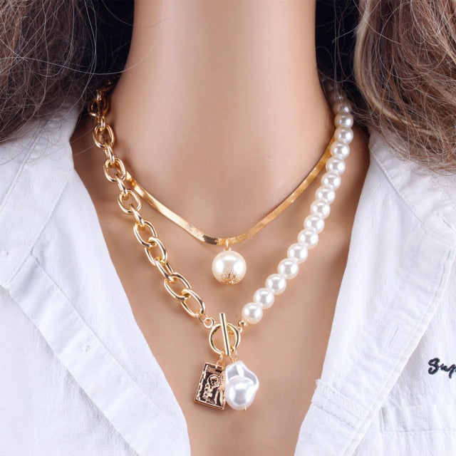 Women's  2 Layers Pearls Geometric Pendants Necklaces