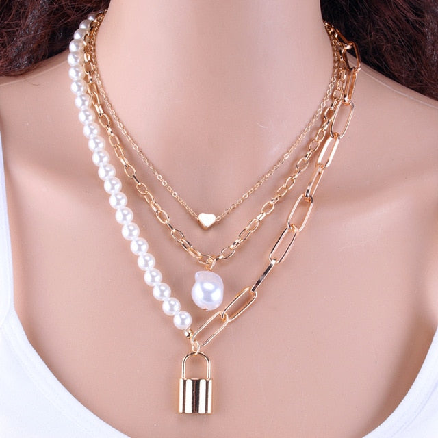 Women's  2 Layers Pearls Geometric Pendants Necklaces