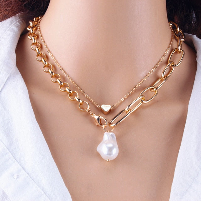 Women's  2 Layers Pearls Geometric Pendants Necklaces