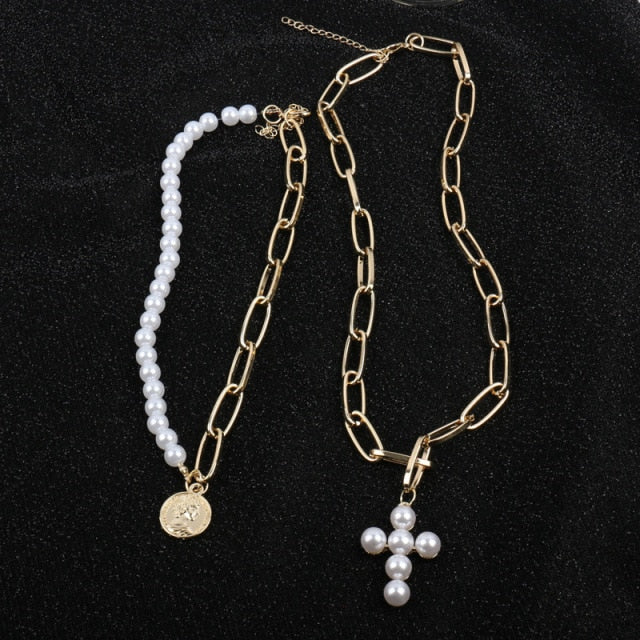 Women's  2 Layers Pearls Geometric Pendants Necklaces