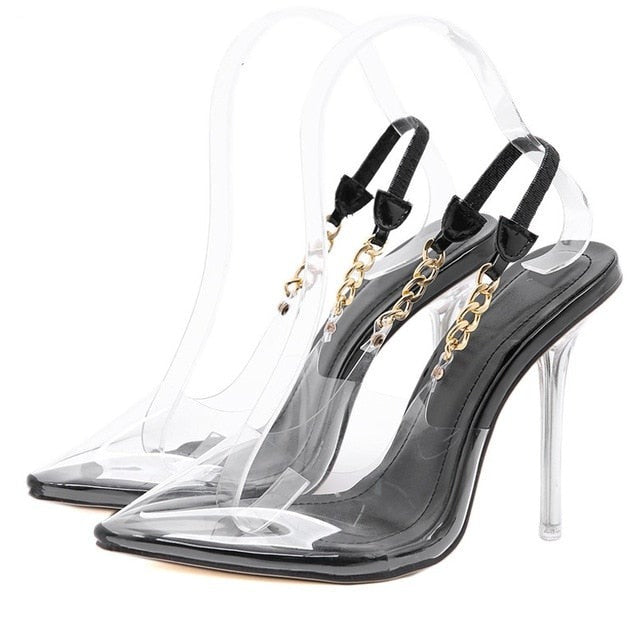 Eilyken Transparent Pumps Women Sexy Pointed Toe Chain Design Crystal Heel Ladies Shoes Stiletto High Heels Wedding Dress Shoes.