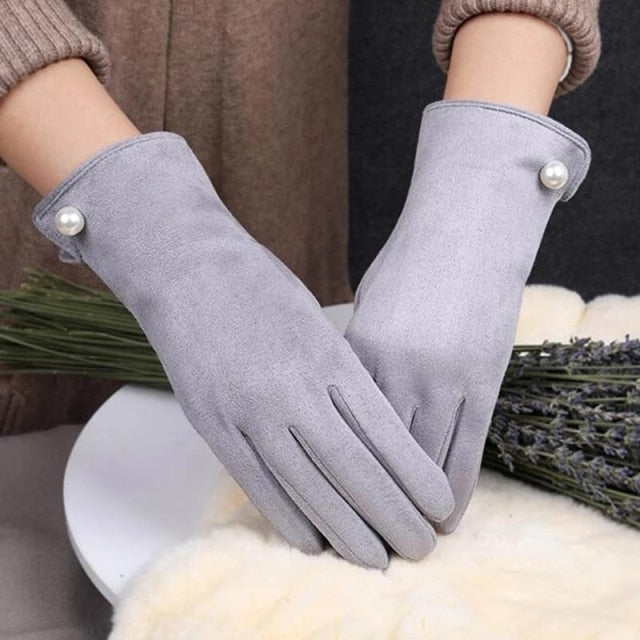 Women Winter Plus Velvet Thicken Warm Touch Screen Gloves Elegant Pearl Suede Windproof Full Finger Cycling Driving Gloves K43