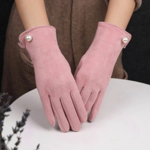 Women Winter Plus Velvet Thicken Warm Touch Screen Gloves Elegant Pearl Suede Windproof Full Finger Cycling Driving Gloves K43