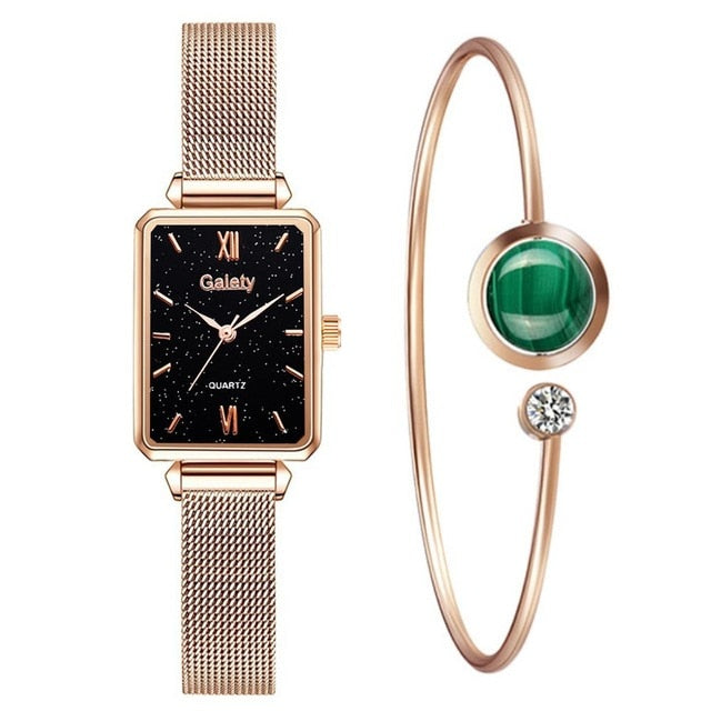 Gaiety Women’s Fashion Quartz Watch Bracelet Set Green Dial Luxury Women Watches Simple Rose Gold Mesh Ladies Watch