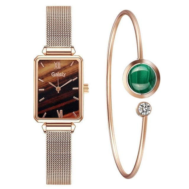 Gaiety Women’s Fashion Quartz Watch Bracelet Set Green Dial Luxury Women Watches Simple Rose Gold Mesh Ladies Watch