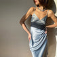 Women Satin Deep V Neck Sexy Dress Solid Straight Pajamas Party Dress Elegant Female Summer Spaghetti Strap Dress Casual