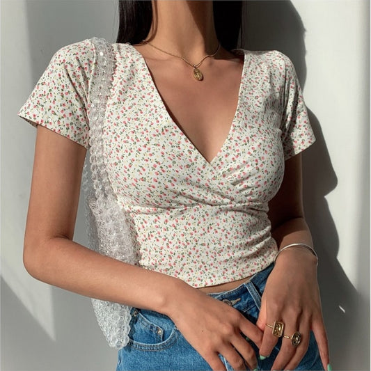 Women's floral V-neck short-sleeved T-shirt