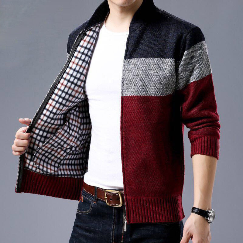 Spring Winter New Mens Cardigan Single-Breasted Fashion Knit  Plus Size Sweater Stitching Colorblock Stand Collar Coats Jackets.