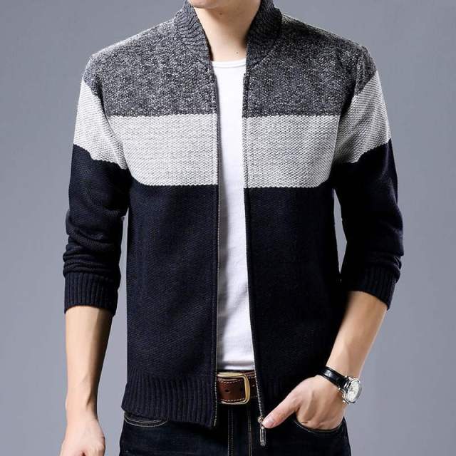 Spring Winter New Mens Cardigan Single-Breasted Fashion Knit  Plus Size Sweater Stitching Colorblock Stand Collar Coats Jackets.