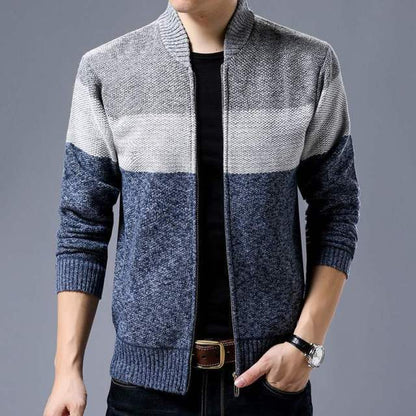 Spring Winter New Mens Cardigan Single-Breasted Fashion Knit  Plus Size Sweater Stitching Colorblock Stand Collar Coats Jackets.