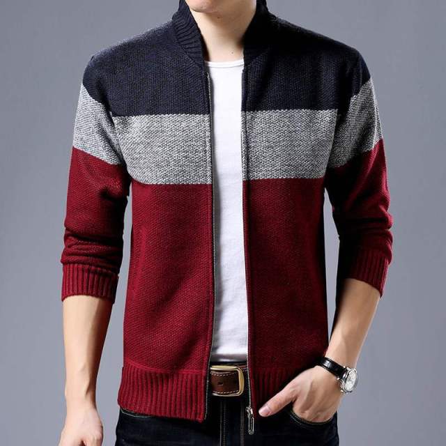 Spring Winter New Mens Cardigan Single-Breasted Fashion Knit  Plus Size Sweater Stitching Colorblock Stand Collar Coats Jackets.