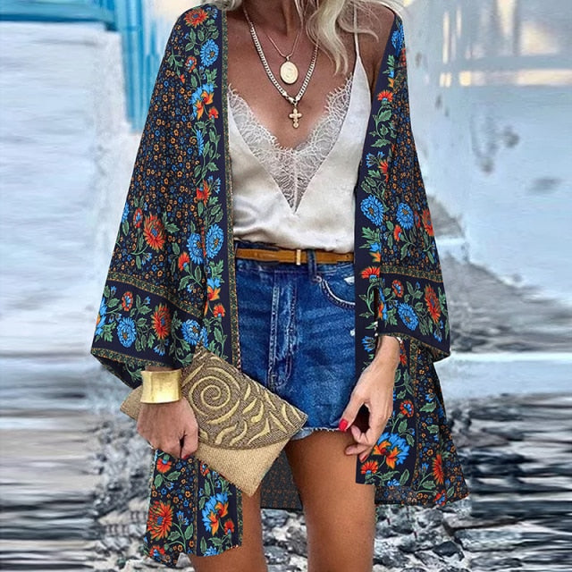 Summer Open Front Bohemian Floral Printed blouse