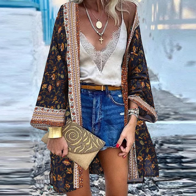 Summer Open Front Bohemian Floral Printed blouse