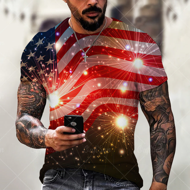 Men's American Flag  O-Neck Tops