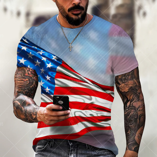 Men's American Flag  O-Neck Tops