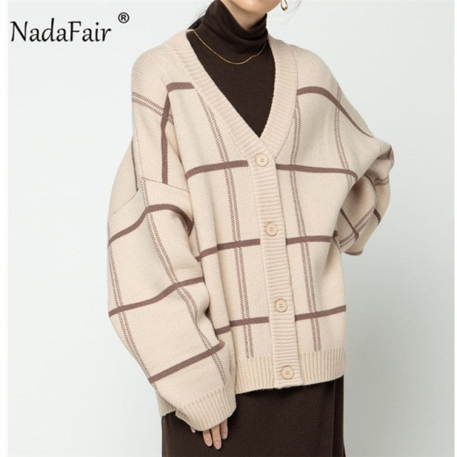 Nadafair Plaid Cardigan Sweater Women Lantern Sleeve Casual Loose Jumper Autumn Winter V Neck Knitted Oversized Cardigan Ladies.