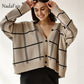 Nadafair Plaid Cardigan Sweater Women Lantern Sleeve Casual Loose Jumper Autumn Winter V Neck Knitted Oversized Cardigan Ladies.