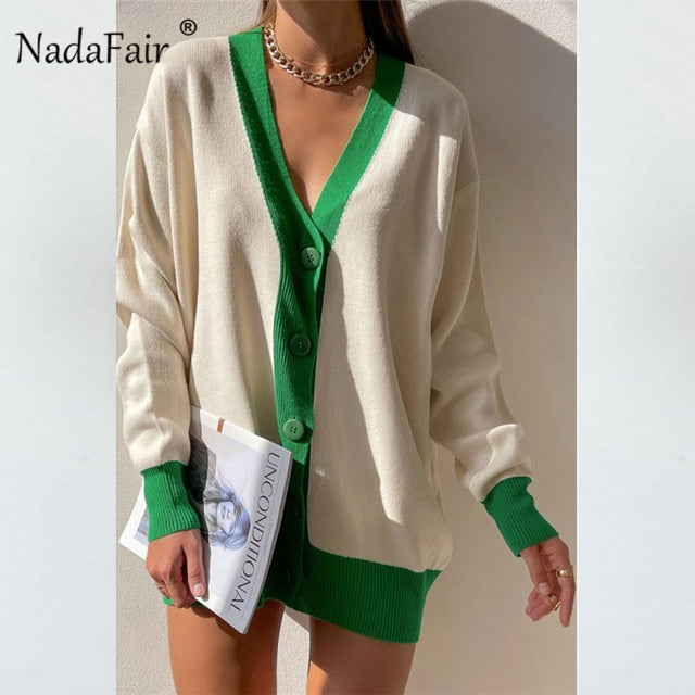 Nadafair Plaid Cardigan Sweater Women Lantern Sleeve Casual Loose Jumper Autumn Winter V Neck Knitted Oversized Cardigan Ladies.