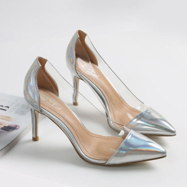 Spring pointed toe single shoes transparent nude color small fresh high-heeled shoes female stiletto summer.