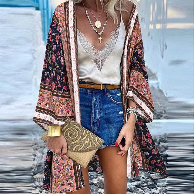 Summer Open Front Bohemian Floral Printed blouse