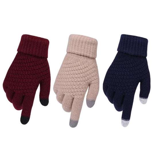 Women Winter Touch Screen Gloves Thicken Warm Knitted Stretch Gloves Imitation Wool Full Finger Outdoor Skiing Gloves