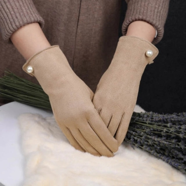 Women Winter Plus Velvet Thicken Warm Touch Screen Gloves Elegant Pearl Suede Windproof Full Finger Cycling Driving Gloves K43