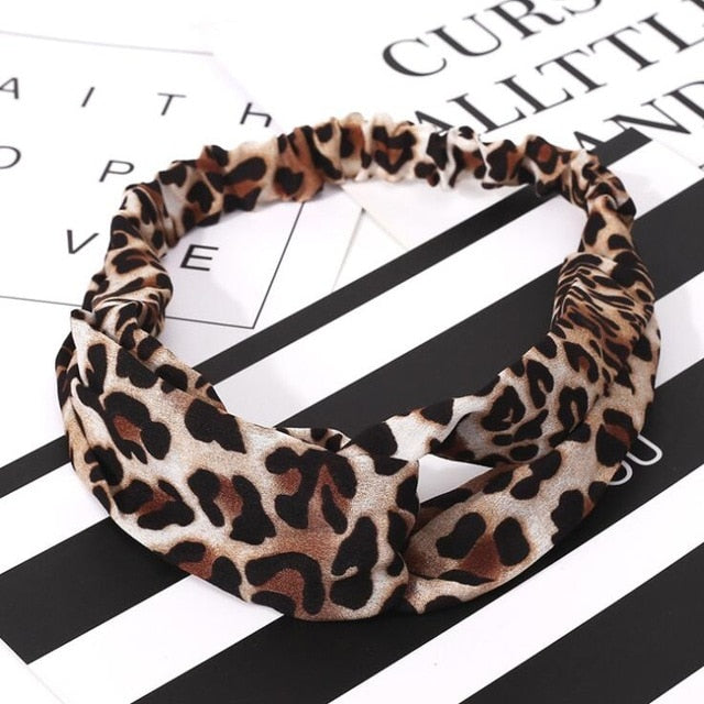 Fashion Floral Women’s Headband Hair Accessories Leopard Cross Knotted Bow Chiffon Hair Band Boho Headdress Ladies Hoop Headwear