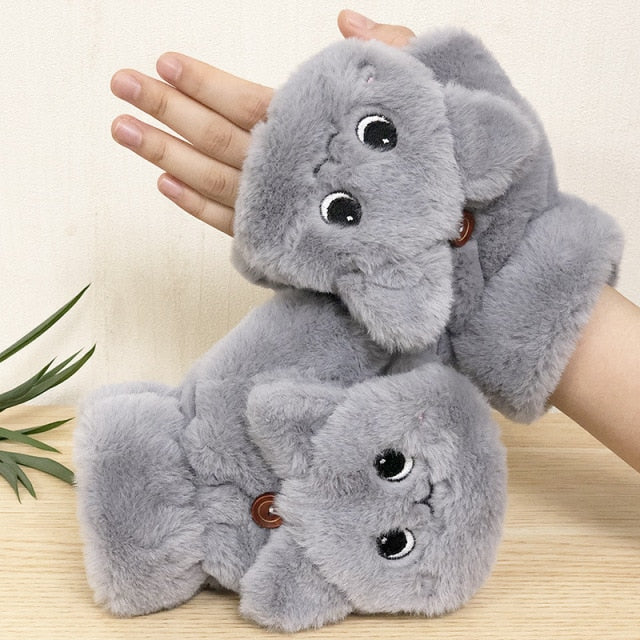 Women’s Plush Cat Fingerless Gloves