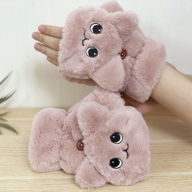 Women’s Plush Cat Fingerless Gloves