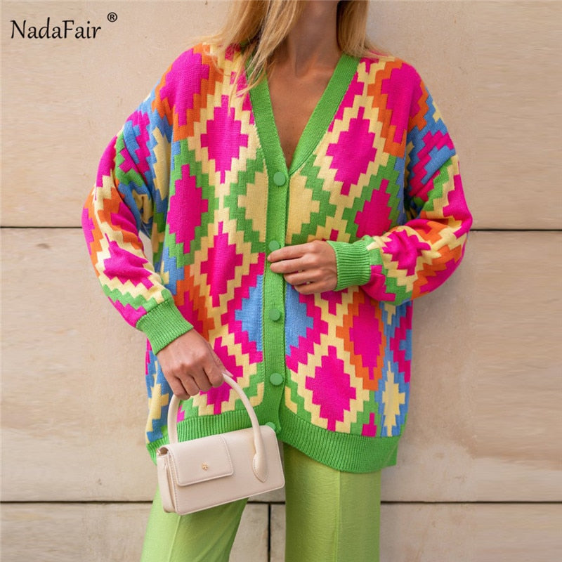 Nadafair Milti Patterned Cardigan Women Fashion Plus Size Winter Sweater Autumn Loose Casual Oversized Knitwear Cardigan Muje.