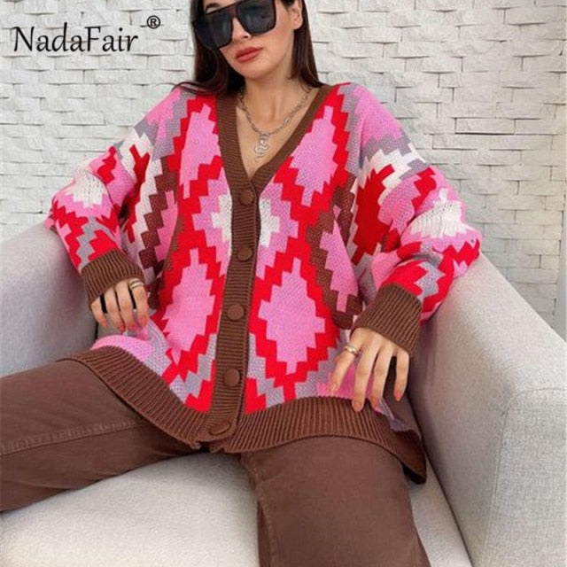 Nadafair Milti Patterned Cardigan Women Fashion Plus Size Winter Sweater Autumn Loose Casual Oversized Knitwear Cardigan Muje.