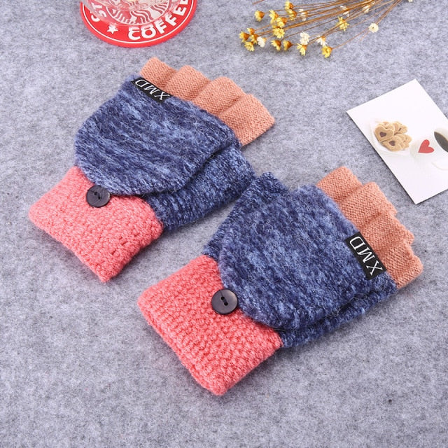 Winter Warm Thickening Wool Gloves Knitted Flip Fingerless Exposed Finger Thick Gloves Without Fingers Mittens Glove Women