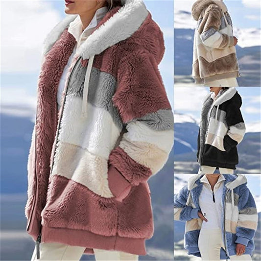 Women Warm Hooded  Patchwork Fleece Jacket