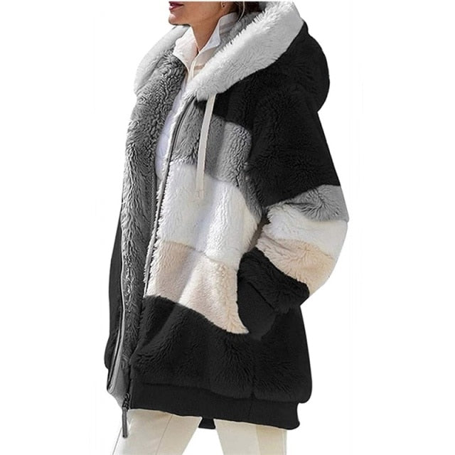 Women Warm Hooded  Patchwork Fleece Jacket