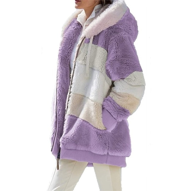 Women Warm Hooded  Patchwork Fleece Jacket