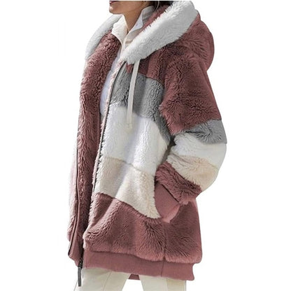 Women Warm Hooded  Patchwork Fleece Jacket