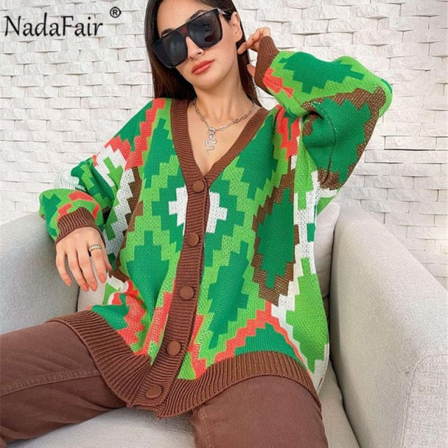 Nadafair Milti Patterned Cardigan Women Fashion Plus Size Winter Sweater Autumn Loose Casual Oversized Knitwear Cardigan Muje.