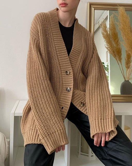 WOTWOY Autumn Winter Casual Oversized Knitted Cardigan Women Button V-Neck Loose Sweater Coats Female Korean Long Sleeve Jumper.