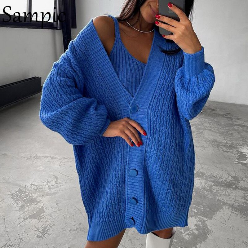 Sampic Cardigans Dress Women 2021 Winter Oversized V Neck Knitted Long Sleeve Cardigans Tops Casual Sexy Club Sweater Outwear.