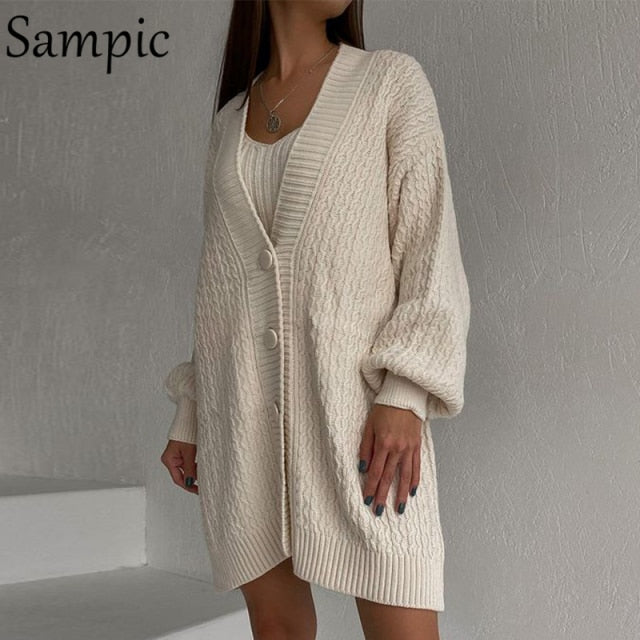 Sampic Cardigans Dress Women 2021 Winter Oversized V Neck Knitted Long Sleeve Cardigans Tops Casual Sexy Club Sweater Outwear.