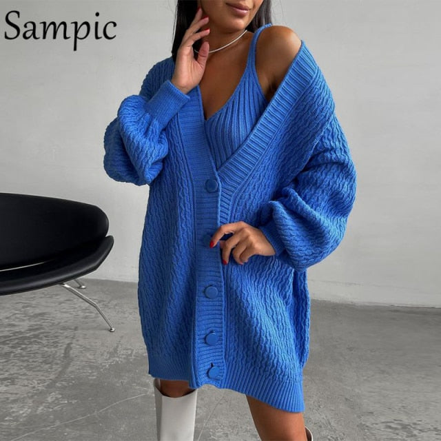 Sampic Cardigans Dress Women 2021 Winter Oversized V Neck Knitted Long Sleeve Cardigans Tops Casual Sexy Club Sweater Outwear.